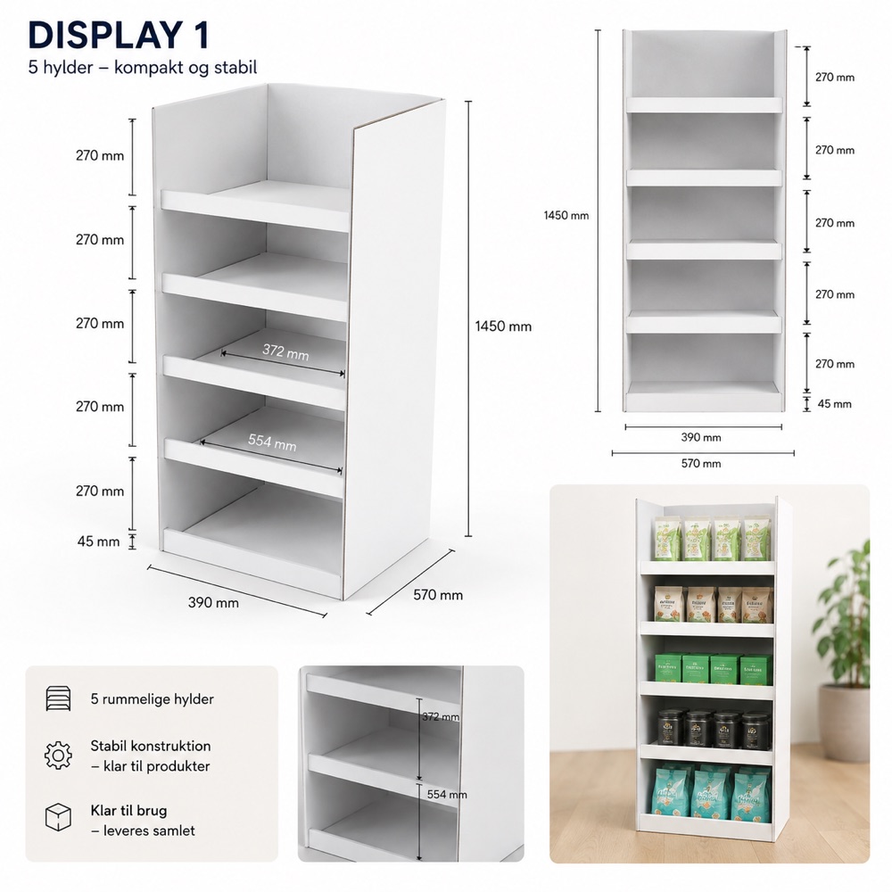 Display 01 – gulvdisplay med 5 hylder, mål 390 × 570 × 1.450 mm