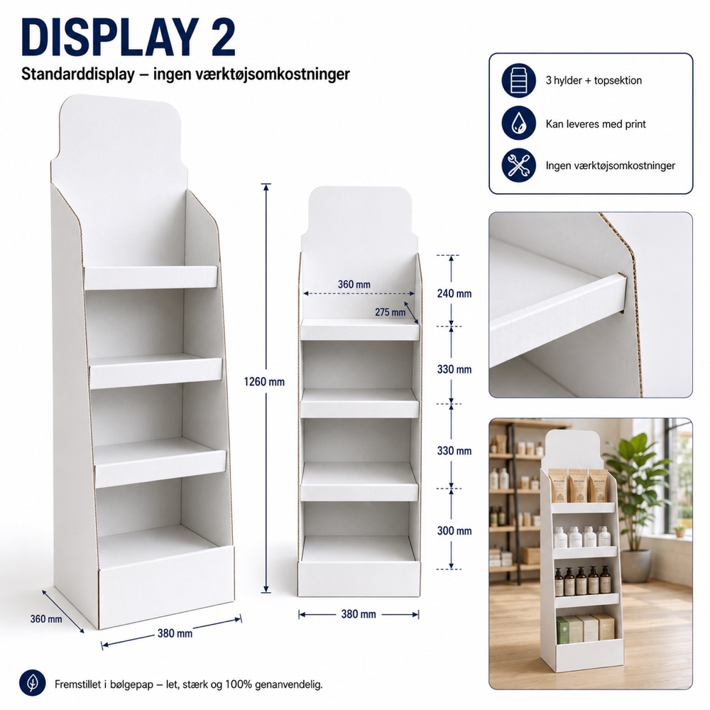 Display 02 – gulvdisplay med 3 hylder og topsektion, mål 380 × 360 × 1.260 mm