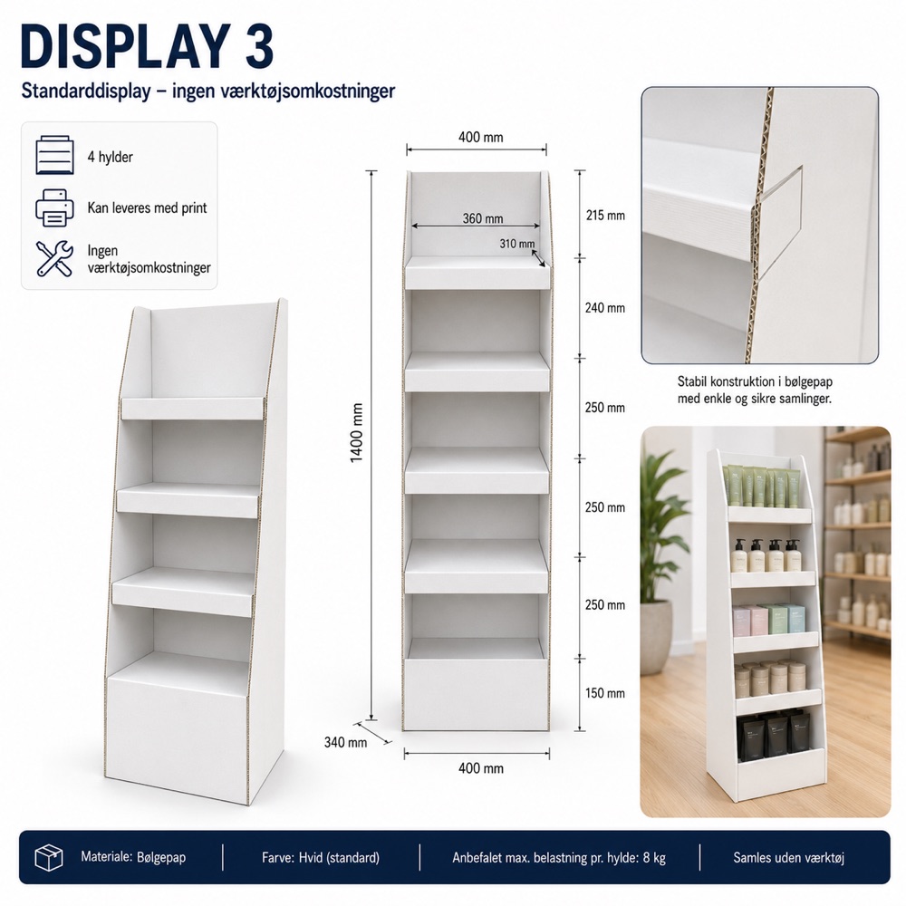 Display 03 – gulvdisplay med 4 hylder, mål 400 × 340 × 1.400 mm