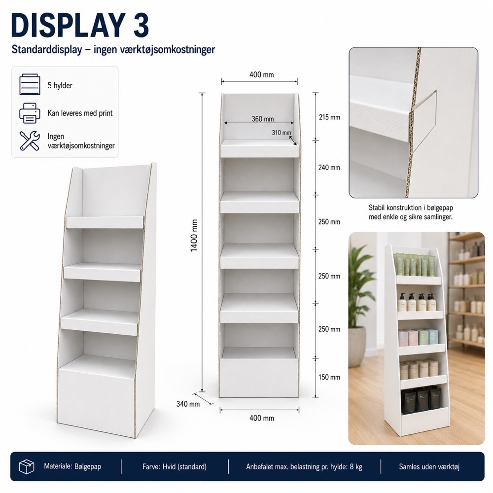 Display 03 – gulvdisplay med 5 hylder, mål 400 × 340 × 1.400 mm