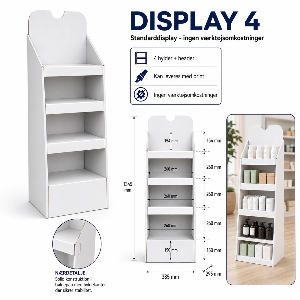 Display 04 – gulvdisplay med 4 hylder og header, mål 385 × 295 × 1.345 mm