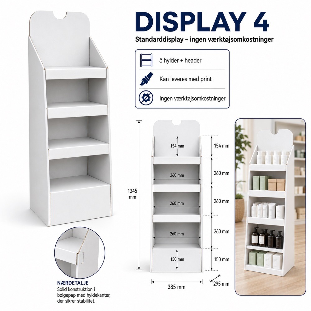 Display 04 – gulvdisplay med 5 hylder og header, mål 385 × 295 × 1.345 mm