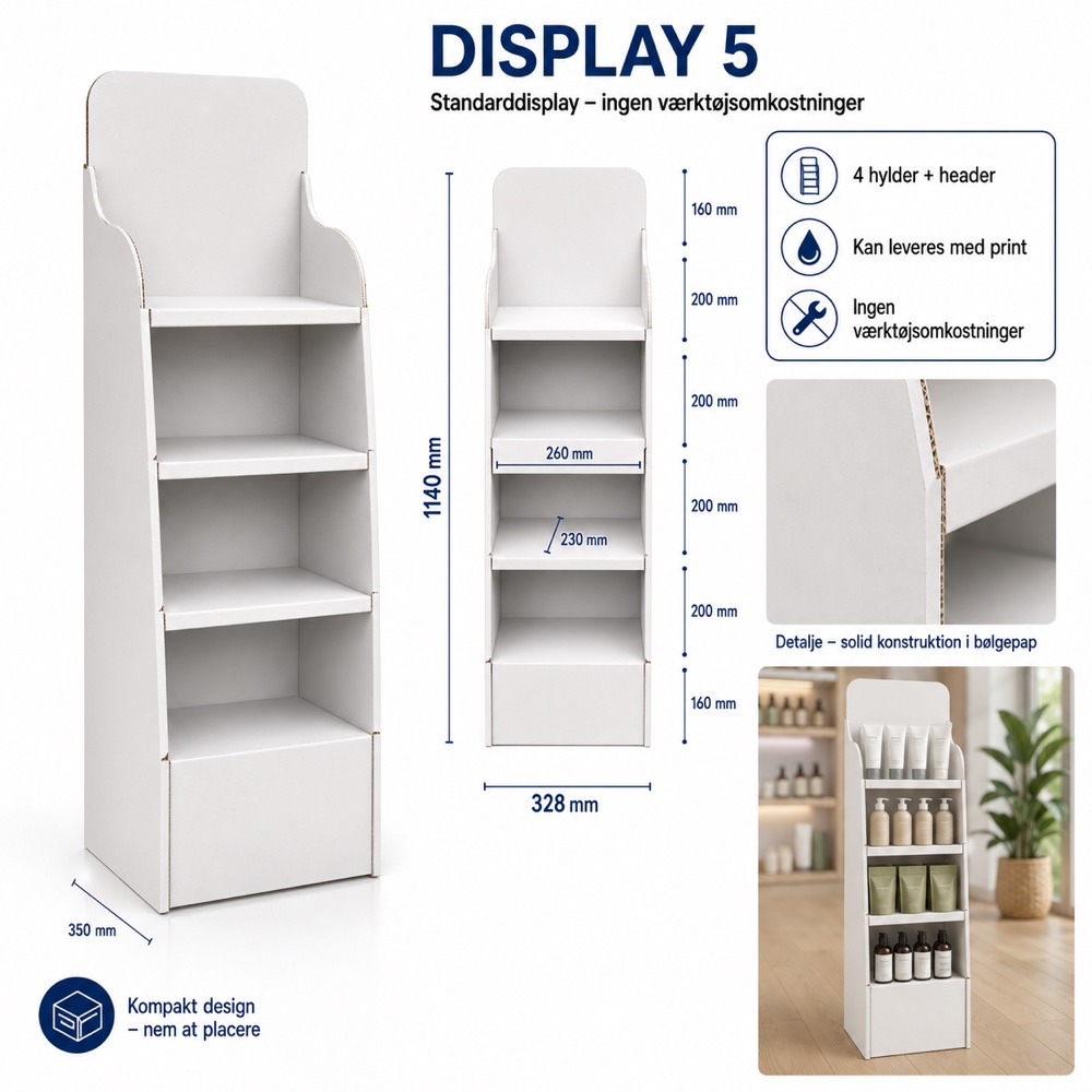 Display 05 – gulvdisplay med 4 hylder og header, mål 328 × 350 × 1.140 mm