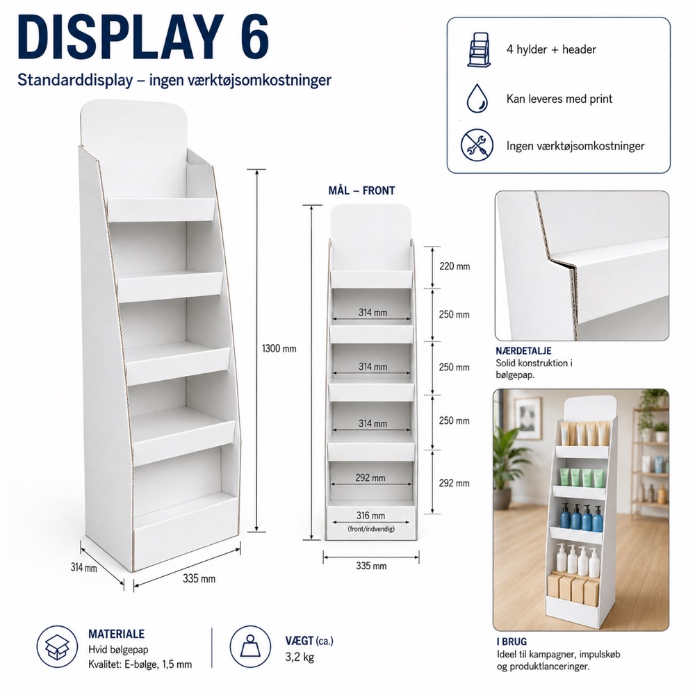 Display 06 – gulvdisplay med 4 hylder og header, mål 335 × 314 × 1.300 mm
