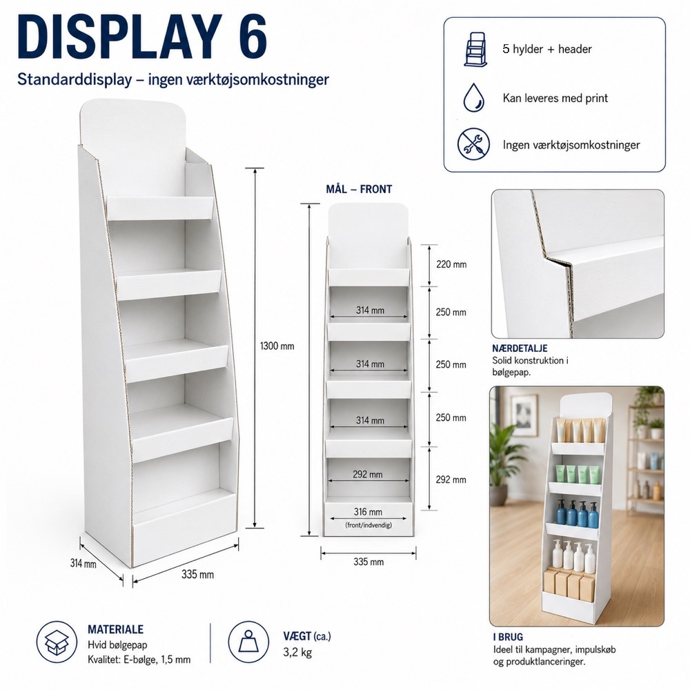 Display 06 – gulvdisplay med 5 hylder og header, mål 316 × 335 × 1.300 mm