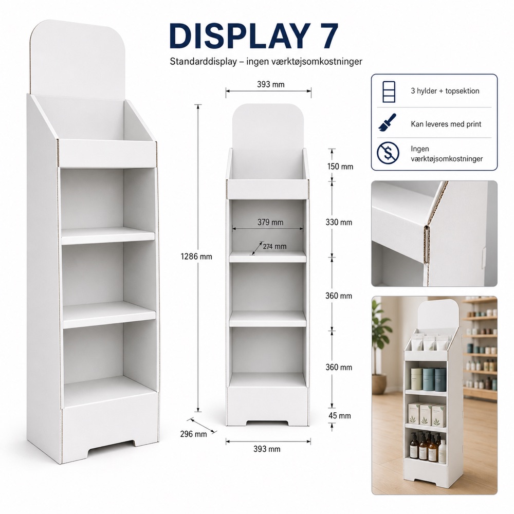 Display 07 – gulvdisplay med 3 hylder og topsektion, mål 393 × 296 × 1.286 mm