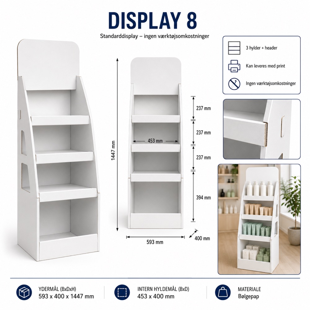 Display 08 – gulvdisplay med 3 hylder og header, mål 593 × 400 × 1.447 mm