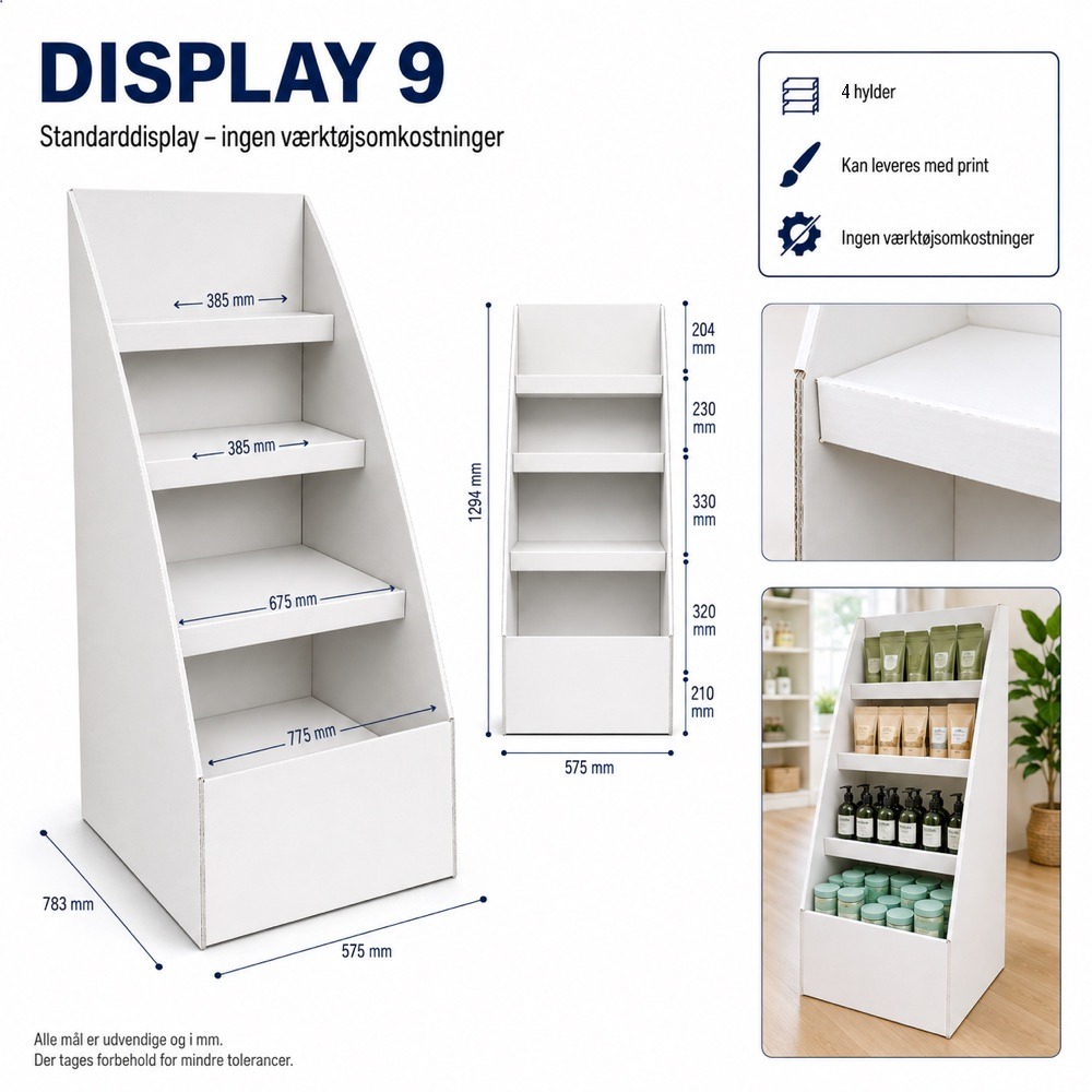 Display 09 – gulvdisplay med 4 hylder, mål 575 × 785 × 1.294 mm