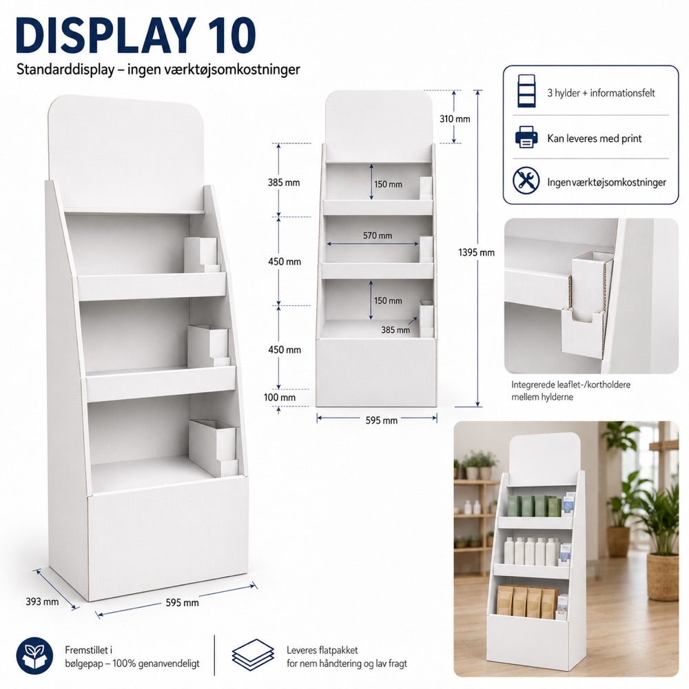 Display 10 – gulvdisplay med 3 hylder og informationsholdere, mål 595 × 393 × 1.395 mm