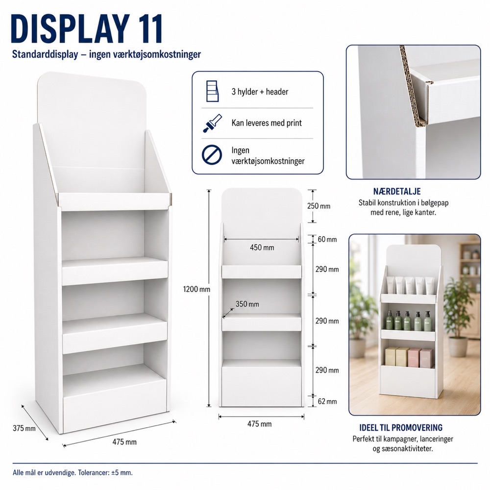 Display 11 – gulvdisplay med 3 hylder og header, mål 475 × 375 × 1.200 mm