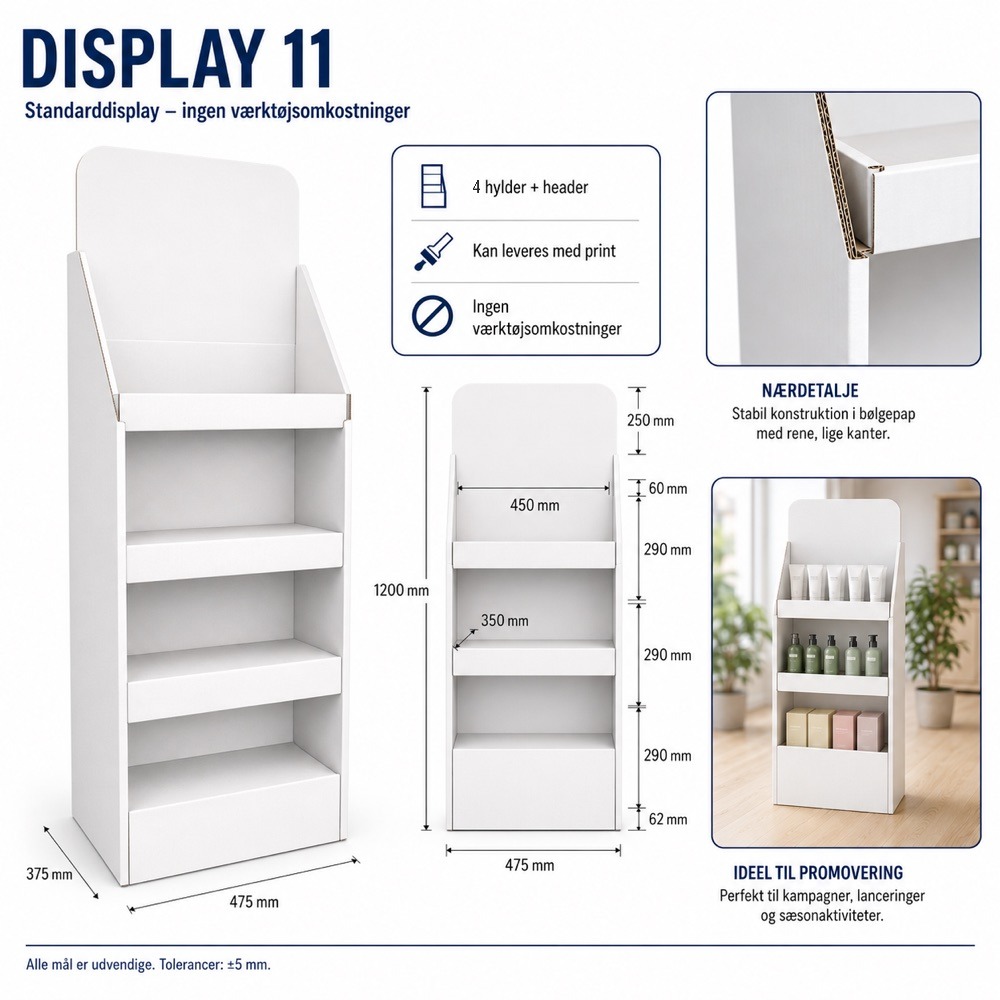 Display 11 – gulvdisplay med 4 hylder og header, mål 475 × 375 × 1.200 mm