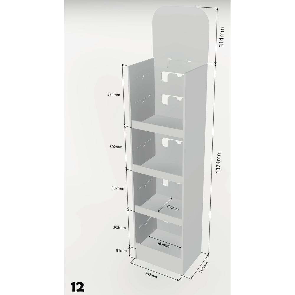 Display 12 – gulvdisplay med 4 hylder og header, mål 382 × 290 × 1.374 mm